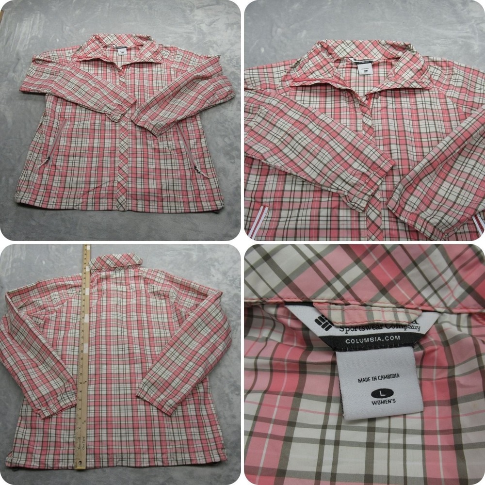 Columbia Jacket Women Large Pink Plaid Lightweight Packable Full Zip Rain Coat